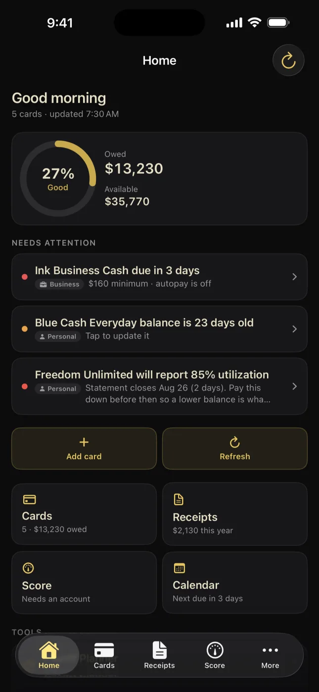 Credit Hub home screen showing a portfolio roll-up across six cards