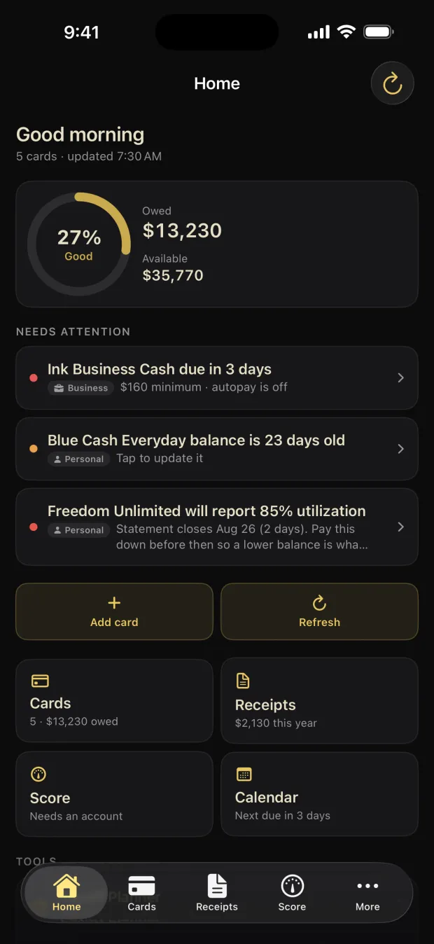 Credit Hub home screen: total owed, utilization, and what needs attention today