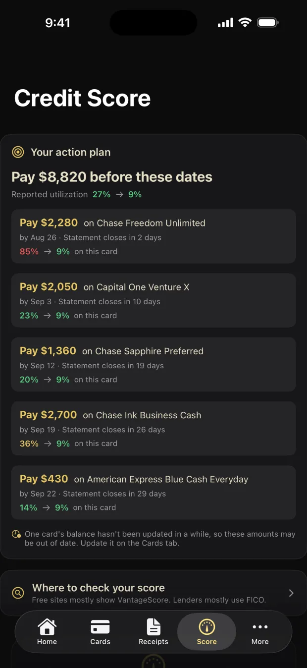Credit Hub action plan showing how much to pay and by which date