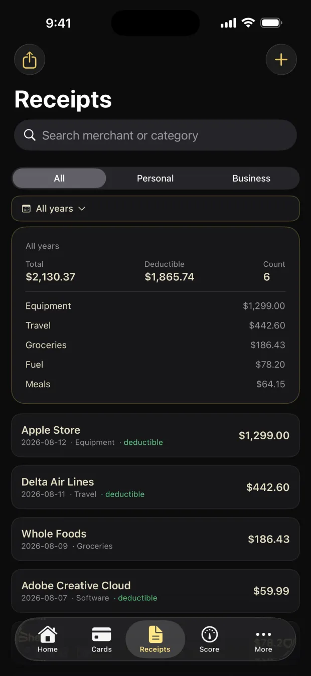 Credit Hub receipt vault with deductible totals separated from personal spending