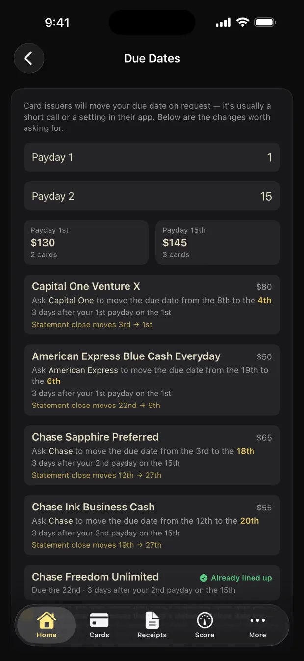 Credit Hub due-date optimizer aligning payments with paydays